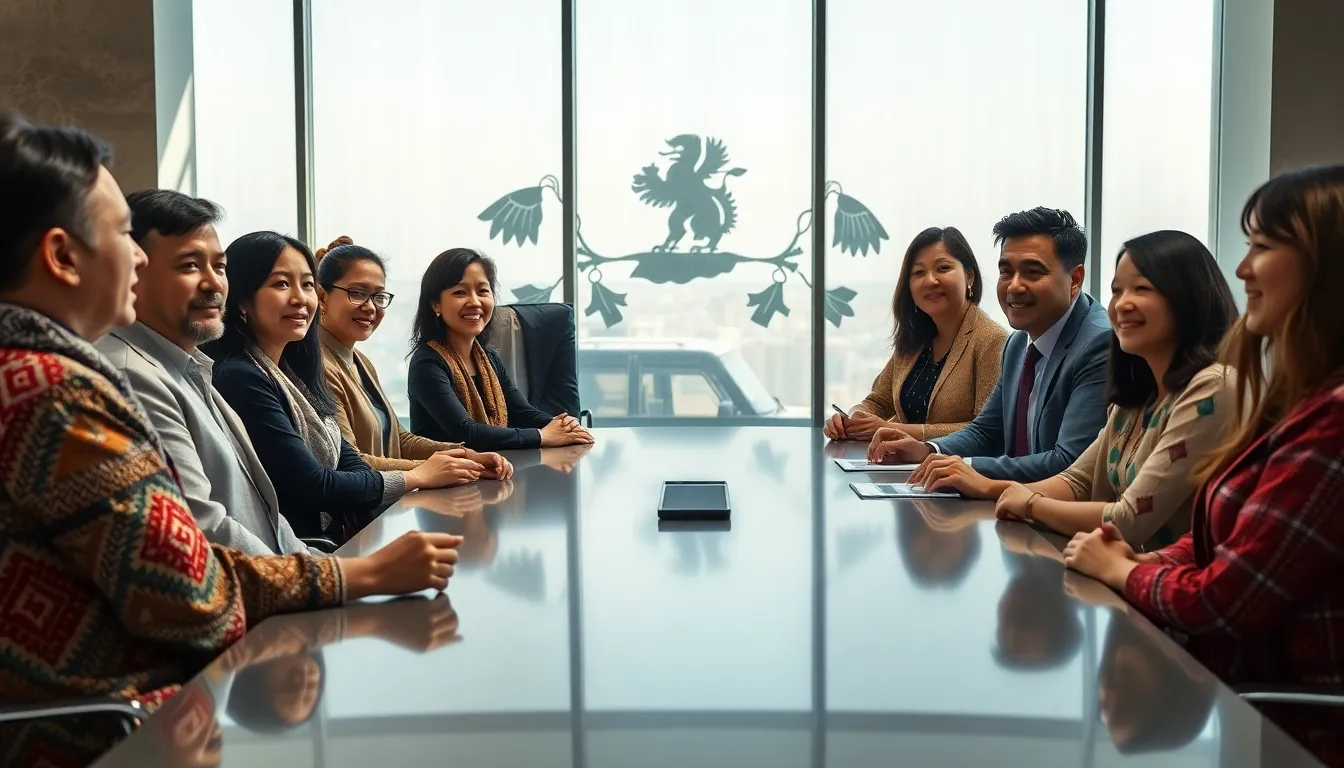 diverse professionals discussing Pohjoisentisu's history in a modern office.